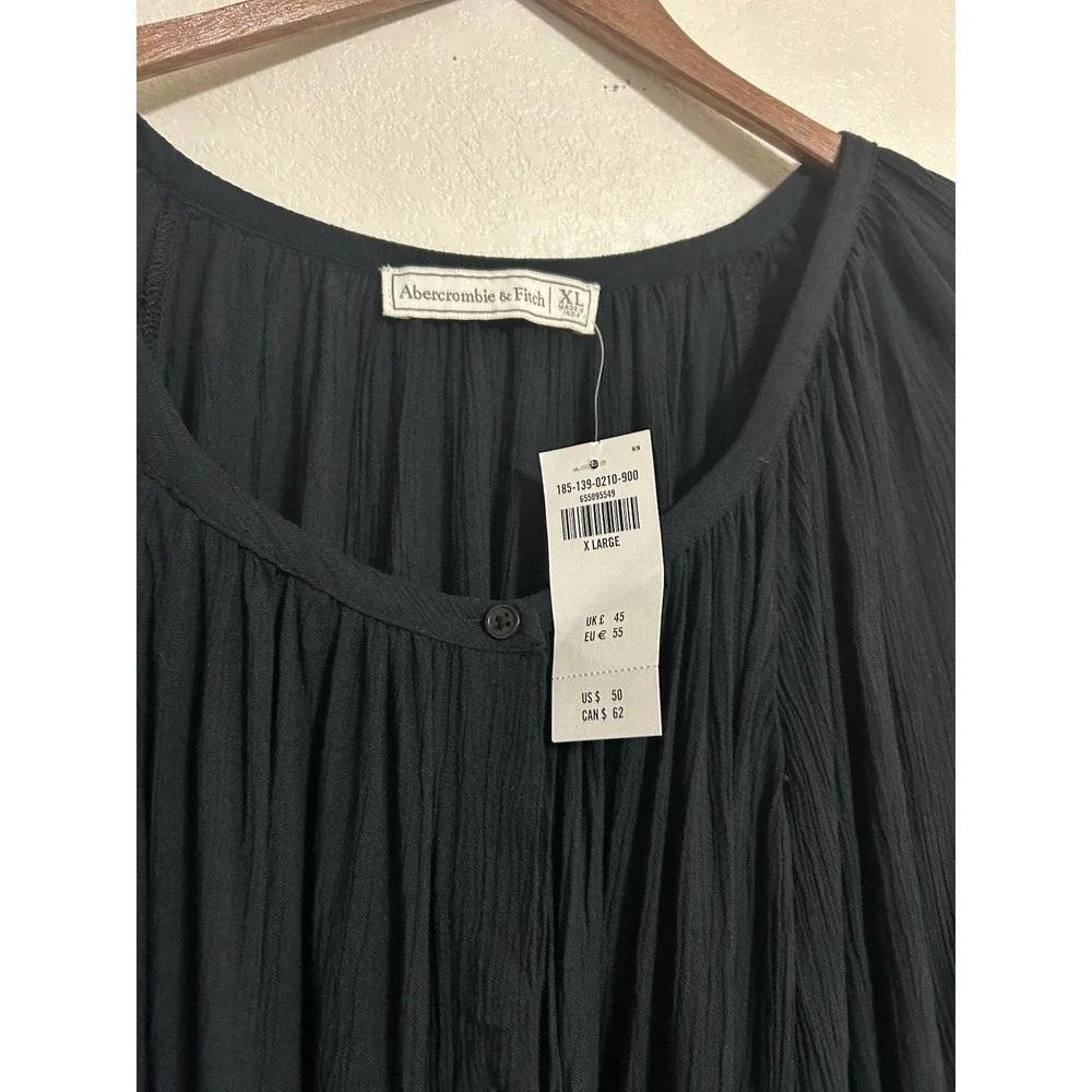 Abercrombie & Fitch Women's Blouse XL Black Short Puff Sleeves Sheer Buttons New